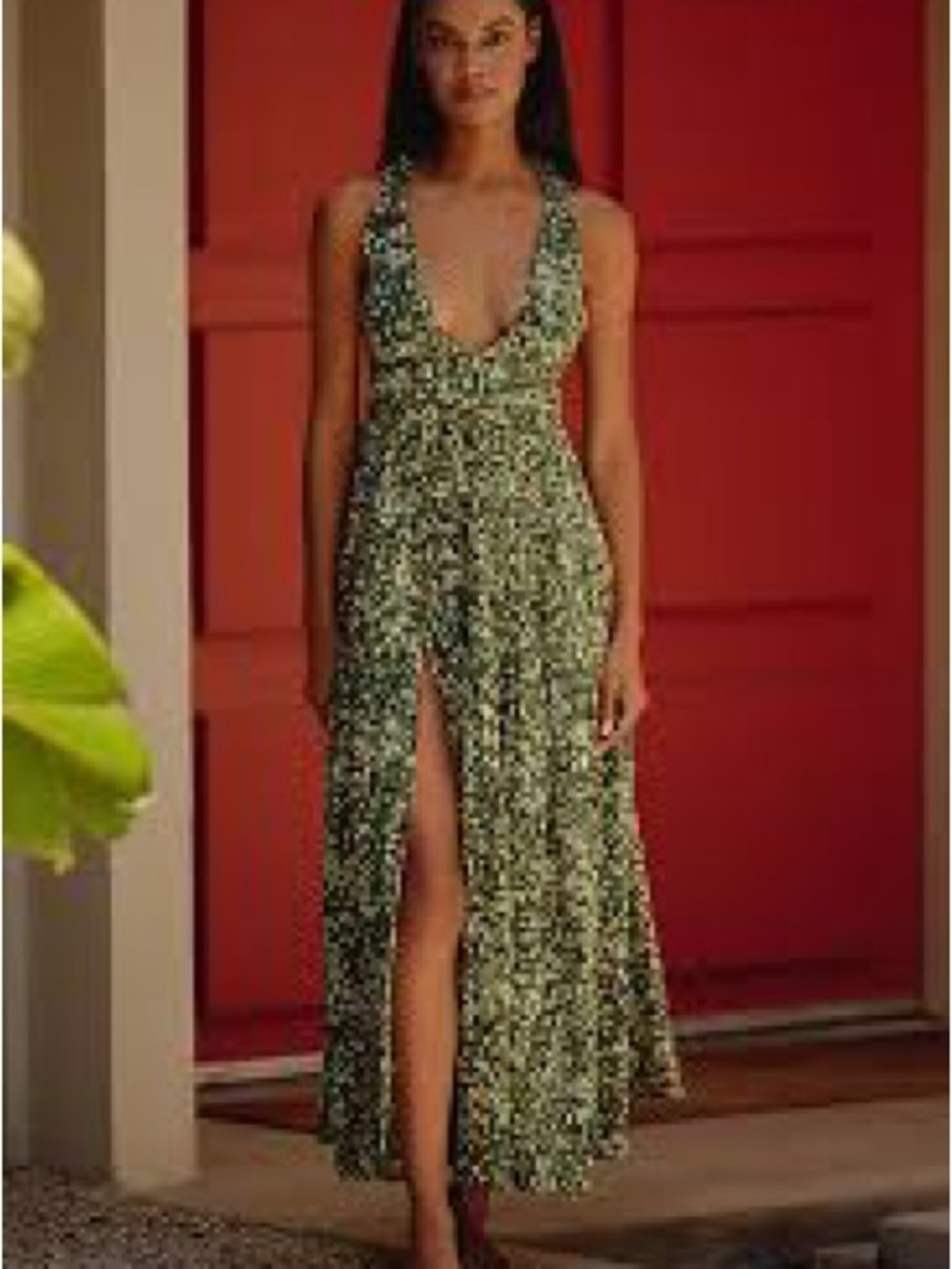 Celandine Green Floral Deep V Backless Maxi Dress